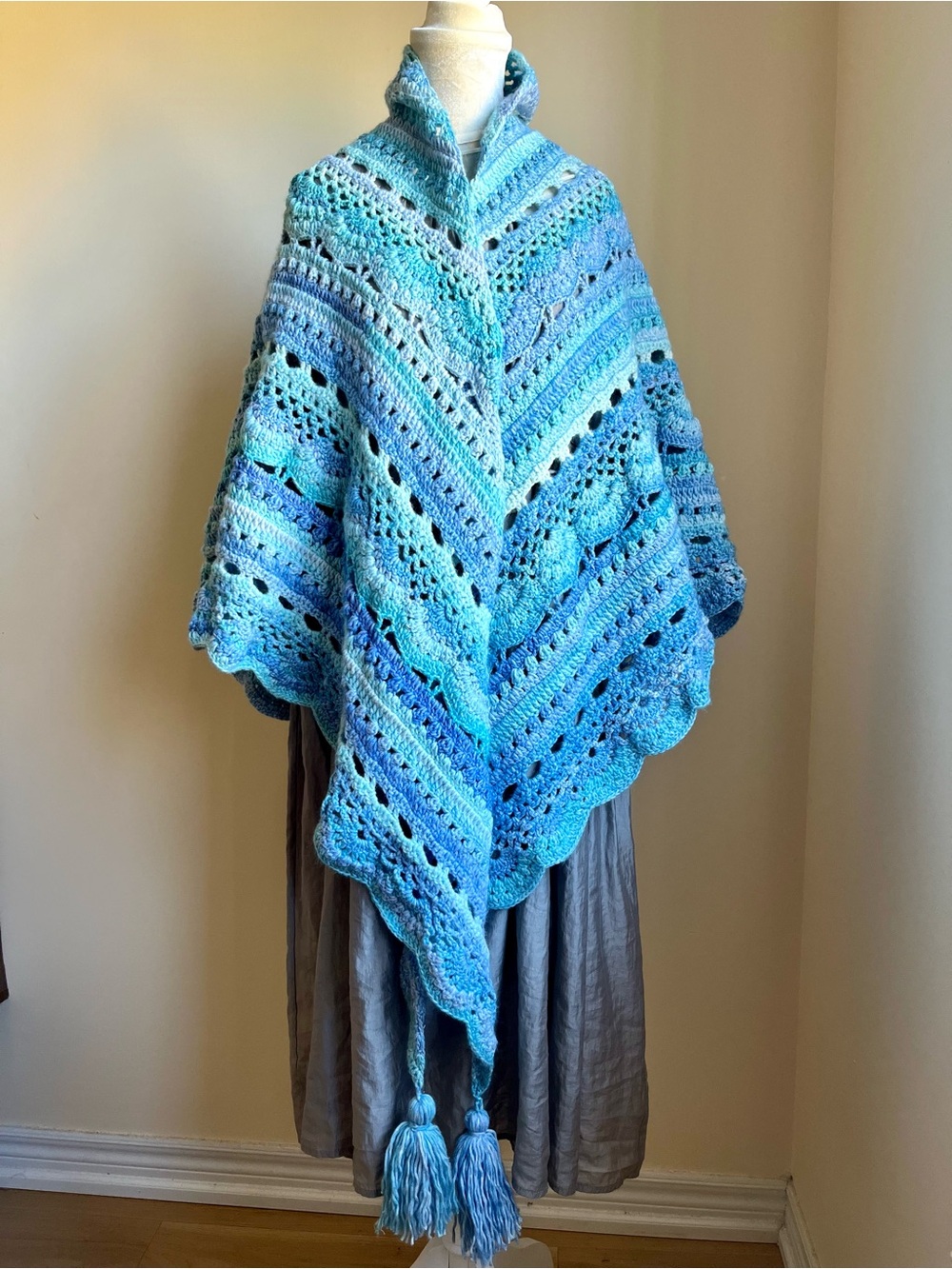 Handmade Blue Ombre Crochet Shawl with Tassels, Boho Style Scarf